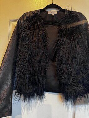 Libby Edelman Black Faux Fur Faux Leather Jacket Size S Y2K